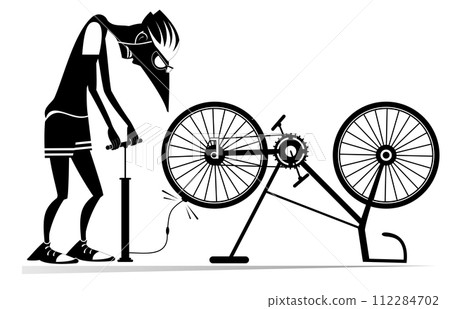 Cyclist and a broken bicycle. Cyclist inflates the wheel. Sportsperson repairs the bicycle. The cyclist inflates the wheel on the bicycle. Black and white illustration Cyclist and a broken bicycle. Cyclist inflates the wheel. Sportsperson repairs the bicycle. The cyclist inflates the wheel on the bicycle. Black and white illustration 112284702