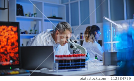 Clinical laboratory workers examining blood samples with microscopes, diagnostics 112284759