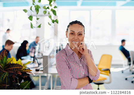 Portrait of young smiling business woman in creative open space coworking startup office. Successful businesswoman standing in office with copyspace. Coworkers working in background 112284816