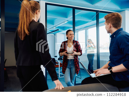 A diverse team of young business people exchanging ideas in a modern startup office A diverse team of young business people exchanging ideas in a modern startup office 112284918