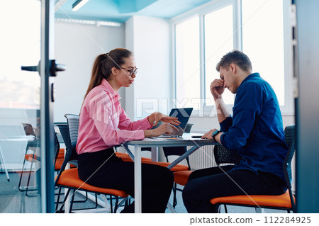 A furious business director of a startup office berating her employee for business mistakes and errors A furious business director of a startup office berating her employee for business mistakes and errors 112284925