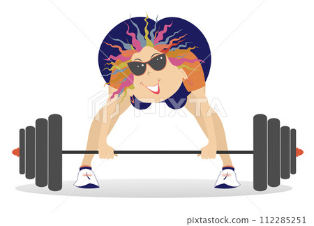 Young woman weightlifter.  Cartoon young strong woman trying to lifts a heavy weight 112285251