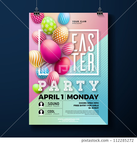 Easter Party Flyer Illustration with Painted Eggs, Rabbit Ears and Flowers on Abstract Colorful Background. Vector Spring Religious Holiday Celebration Poster Design Template for Banner or Invitation. Easter Party Flyer Illustration with Painted Eggs, Rabbit Ears and Flowers on Abstract Colorful Background. Vector Spring Religious Holiday Celebration Poster Design Template for Banner or Invitation. 112285272
