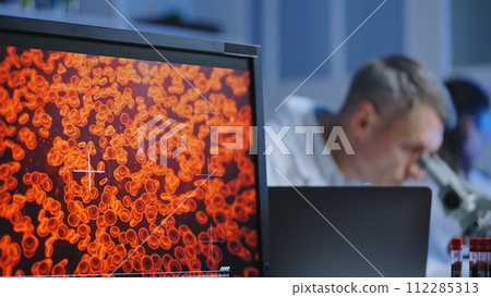 Hematology lab scientists examining blood samples under microscope, medicine 112285313