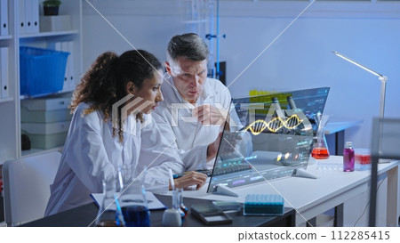 Unhappy lab scientists looking at dna structure on screen, experiment failure Unhappy lab scientists looking at dna structure on screen, experiment failure 112285415