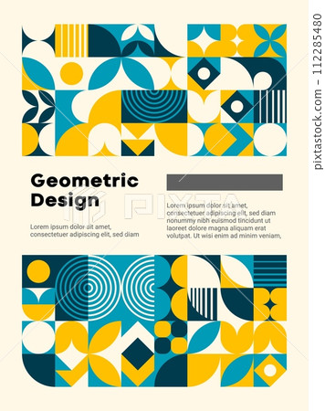 Modern turquoise and yellow abstract geometric pattern poster. Vector simple graphic shapes background banner with minimalist composition of circles, squares, triangles, lines and semispheres 112285480