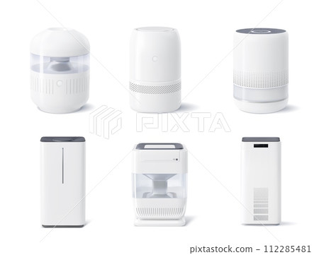 Realistic air purifier. Isolated 3d vector set of devices that removing contaminants like dust, allergens, and pollutants, improving indoor air quality for a healthier and fresher living environment. 112285481