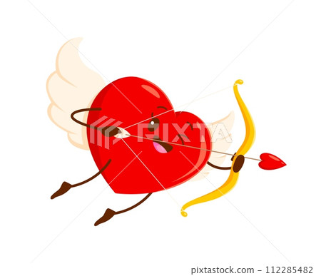Cartoon love heart cherub cupid character with angel wings, wields a bow and arrow, radiating joy and affection with a mischievous smile. Isolated vector red heart festive personage for Valentines day Cartoon love heart cherub cupid character with angel wings, wields a bow and arrow, radiating joy and affection with a mischievous smile. Isolated vector red heart festive personage for Valentines day 112285482