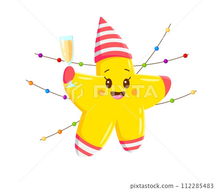 Cartoon kawaii star character celebrating a birthday party. Isolated vector yellow twinkle personage in party hat, beams with joy, surrounded by colorful garlands, holding wineglass with a wide smile Cartoon kawaii star character celebrating a birthday party. Isolated vector yellow twinkle personage in party hat, beams with joy, surrounded by colorful garlands, holding wineglass with a wide smile 112285483