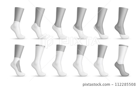 Realistic woman socks, 3d vector templates for fashion and sportswear designs. Isolated mockups feature cotton fabric, elastic fit and a blank canvas for foot apparel in a shop or product display Realistic woman socks, 3d vector templates for fashion and sportswear designs. Isolated mockups feature cotton fabric, elastic fit and a blank canvas for foot apparel in a shop or product display 112285508