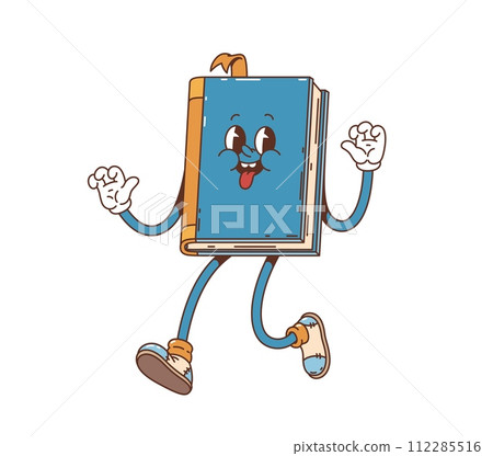 Cartoon book groovy character. Isolated vector whimsical textbook personage with sticking bookmark and tongue, expressive eyes and perpetual grin, ready for back to school education and adventures 112285516