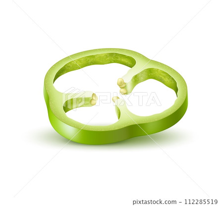 Realistic ripe green bell pepper slice. Isolated 3d vector fresh, organic paprika, bell pepper vegetable ring on white background. Healthy, vegetarian food showcasing vibrant color and natural texture 112285519