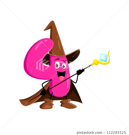 Cartoon math number four Halloween wizard, witch and mage character. Isolated vector numeric 4 whimsical charming personage, wields a mystical staff. Digit cloaked in robe, casts mathematical spells 112285525