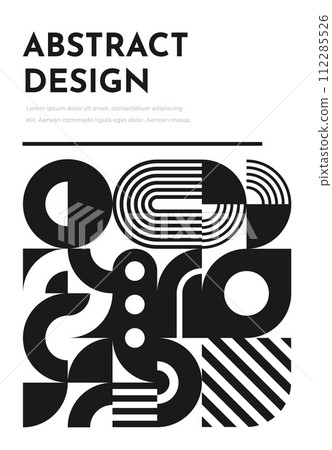 Monochrome abstract geometric pattern banner vector template. Modern graphic shapes grid composition with circles, squares and lines. Black white minimalist poster with abstract geometric mosaic Monochrome abstract geometric pattern banner vector template. Modern graphic shapes grid composition with circles, squares and lines. Black white minimalist poster with abstract geometric mosaic 112285526