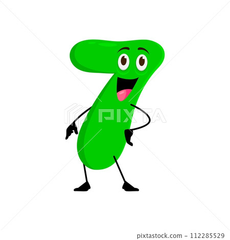 Cartoon seven math number character, vector kids education mathematics symbol personage. Cute green seven number emoji pointing down with funny face and happy smile, childish arithmetic emoticon Cartoon seven math number character, vector kids education mathematics symbol personage. Cute green seven number emoji pointing down with funny face and happy smile, childish arithmetic emoticon 112285529