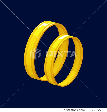 Cartoon wedding or engagement rings. Vector gold jewelry for bride and groom couple, bridal jewellery with engraved stripes. Shining golden wedding bands, engagement rings, marriage anniversary gift Cartoon wedding or engagement rings. Vector gold jewelry for bride and groom couple, bridal jewellery with engraved stripes. Shining golden wedding bands, engagement rings, marriage anniversary gift 112285530