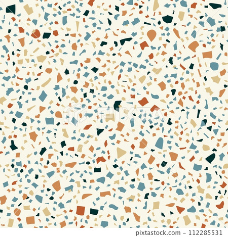 Terrazzo mosaic ceramic tile pattern, terazzo marble texture, terazo stone floor background. Italian rock terrazzo tile vector backdrop with color fragments of marble, quartz, granite and glass 112285531