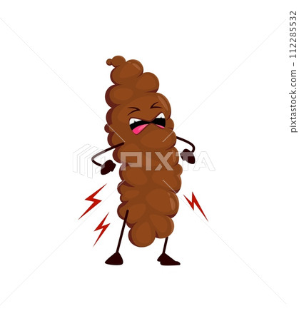 Funny poo excrement, cartoon angry poop emoji character. Isolated vector mad feces personage with frowning, disgruntled, yelling expression and lightning bolts, highlighting frustration or annoyance Funny poo excrement, cartoon angry poop emoji character. Isolated vector mad feces personage with frowning, disgruntled, yelling expression and lightning bolts, highlighting frustration or annoyance 112285532