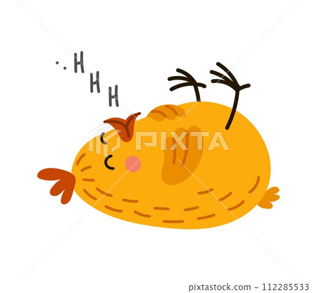 Cartoon chick bird character peacefully sleeping with closed eyes. Isolated vector cute baby hen personage lying on its back and making funny sounds. Tiny, adorable and fluffy chock slumbers or relax 112285533