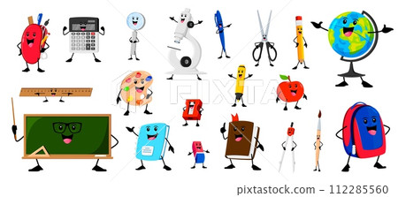 Cartoon cheerful funny school stationery characters. Vector set pencil case, calculator, microscope and pen or scissors. Globe, ruler, paint palette and blackboard. Textbook, notebook, sharpener, bag Cartoon cheerful funny school stationery characters. Vector set pencil case, calculator, microscope and pen or scissors. Globe, ruler, paint palette and blackboard. Textbook, notebook, sharpener, bag 112285560
