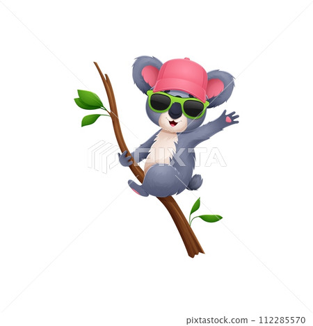 Cartoon koala bear character with fluffy gray fur and baseball cap and sunglasses, clings to a eucalyptus tree branch. Isolated vector animal embodying adorable charm and relaxed Australian vibes 112285570