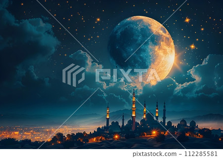 Starry Night Islamic Art with Moon and City, To provide a beautiful and culturally relevant stock photo of a city at night with a focus on the moon 112285581