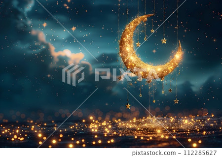 Golden Crescent Moon Shines over Ocean at Twilight Golden Crescent Moon Shines over Ocean at Twilight 112285627