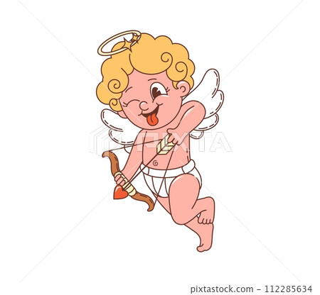 Cartoon retro groovy Valentine cherub cupid character with bow and arrow, vector 70s hippie art. Amour angel kid shooting with love heart arrow, groovy funky cupid for Valentine holiday or wedding 112285634