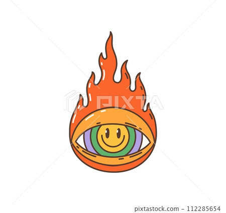 Cartoon retro groovy hippie eye with fire flames in 60s and 70s art, vector symbol. Hippie groovy eye and fire flame sign with smile in rainbow in groovie funky cartoon style for sticker 112285654