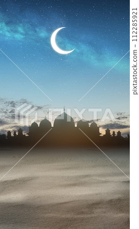 Silhouette of the mosque with a view of the crescent moon and starry sky at night 112285921