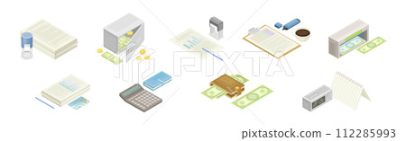 Accounting Calculation and Finance Analysis with Document, Money and Safe Deposit Box Isometric Vector Set 112285993