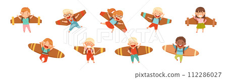 Little Boy and Girl with Cardboard Wings Dream of Flying Vector Set Little Boy and Girl with Cardboard Wings Dream of Flying Vector Set 112286027