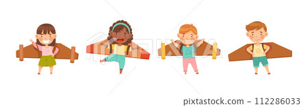 Little Boy and Girl with Cardboard Wings Dream of Flying Vector Set 112286033
