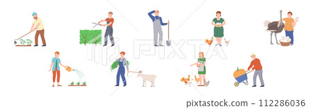 Man and Woman Farmer Character Engaged in Agriculture Work Vector Set Man and Woman Farmer Character Engaged in Agriculture Work Vector Set 112286036