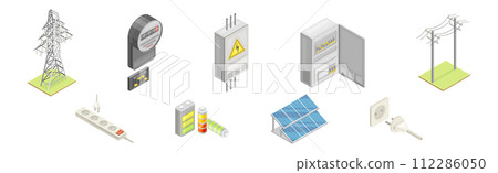 Electric Power and Energy Objects Isometric Vector Set 112286050