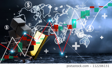 Image of shopping cart with wooden cubes describes of people buying consumer goods on world economic global stock chart with gold bar. background. 112286131