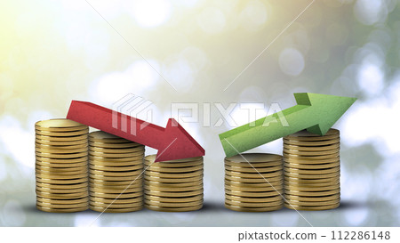 Stack of golden coins with down to up arrow Stack of golden coins with down to up arrow 112286148