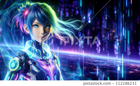 一個藍眼睛的機器人女孩，體現了 AGI，即網路空間中的人工智慧。 112286231