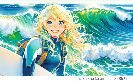 金髮女孩在海浪的背景下享受衝浪 112286234