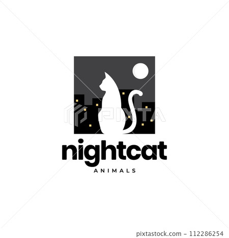 animal pets cat night moon city building logo design vector 112286254