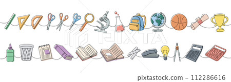 School supplies set one line colored continuous drawing. Notebook, microscope, test tube, pencil, schoolbag, globe, scissors, ruler scale, calculator School supplies set one line colored continuous drawing. Notebook, microscope, test tube, pencil, schoolbag, globe, scissors, ruler scale, calculator 112286616