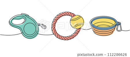 Set of pet supplies one line colored continuous drawing. Tape measure leash, retractable leash, chew toy, portable water bowl continuous one line 112286626