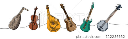 Set of string musical instruments. Lute, violin, bandura, acoustic guitar, electric bass guitar, american banjo continuous one line illustration. 112286632