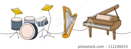 Musical instruments set one line colored continuous drawing. Drum kit, lyre, wooden harp, grand piano continuous one line illustration. Musical instruments set one line colored continuous drawing. Drum kit, lyre, wooden harp, grand piano continuous one line illustration. 112286633
