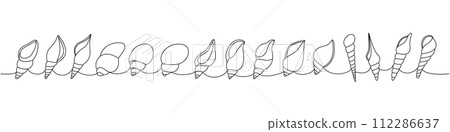 Pearl shells set. Sea shells, mollusks, scallop, pearls. Tropical underwater shells continuous one line illustration. Vector minimalist illustration. 112286637