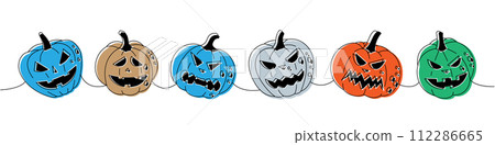 Halloween pumpkins with scary faces. Set of pumpkins faces one line colored continuous drawing. Halloween vegetables continuous one line illustration. Halloween pumpkins with scary faces. Set of pumpkins faces one line colored continuous drawing. Halloween vegetables continuous one line illustration. 112286665