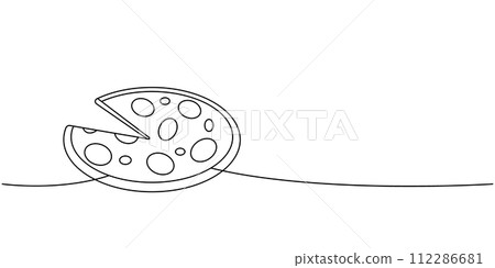Fresh pizza with tomato, cheese, olive one line continuous drawing. Traditional italian fast food continuous one line illustration. 112286681