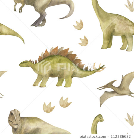Watercolor seamless pattern with illustration of a dinosaurs and paw prints. For children's room decor, wallpaper, textile 112286682