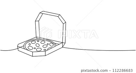 Whole traditional pizza in a box one line continuous drawing. Traditional italian fast food continuous one line illustration. Vector illustration. 112286683