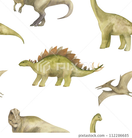 Watercolor seamless pattern with illustration of a dinosaurs. For children's room decor, wallpaper, textile Watercolor seamless pattern with illustration of a dinosaurs. For children's room decor, wallpaper, textile 112286685